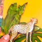 Close up of a cheetah and foliage on a mustard yellow postcard by Jack & Orla