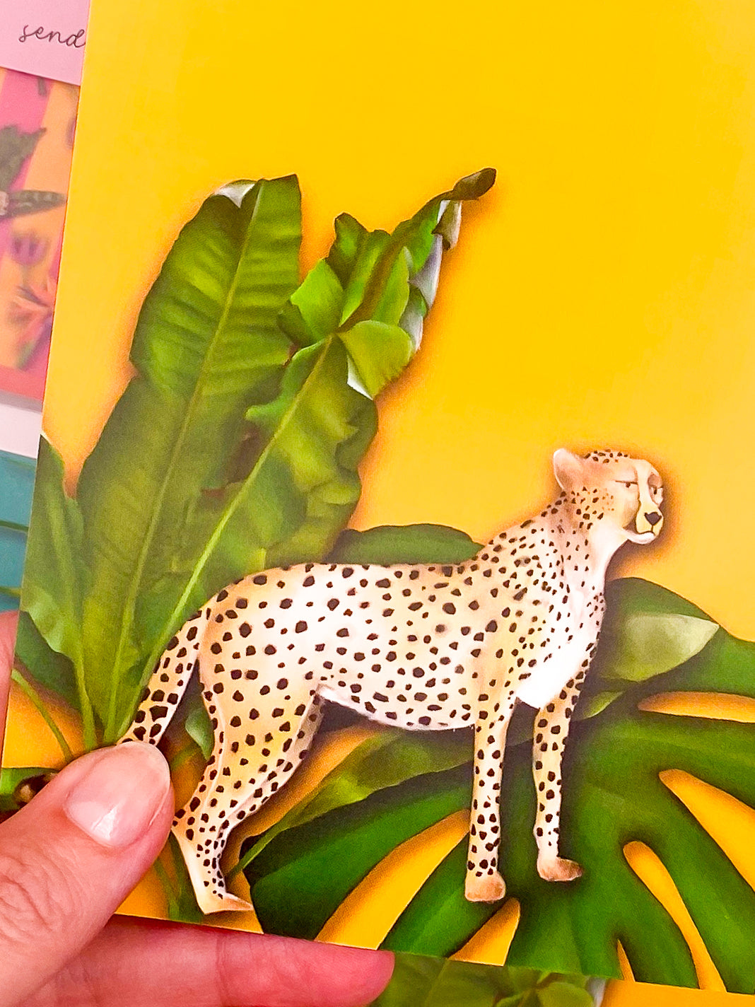 Close up of a cheetah and foliage on a mustard yellow postcard by Jack & Orla