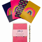 An image showing a gift set of 4 postcards with rainbow designs in a Scandi style using bold colours.