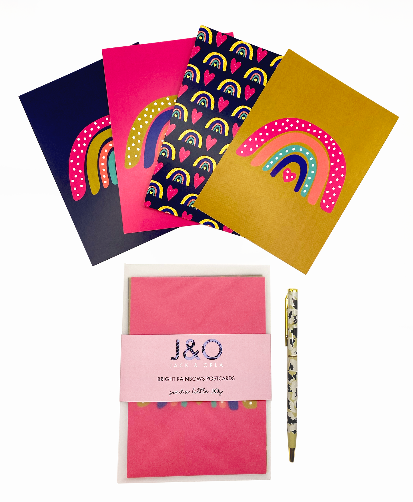 An image showing a gift set of 4 postcards with rainbow designs in a Scandi style using bold colours.