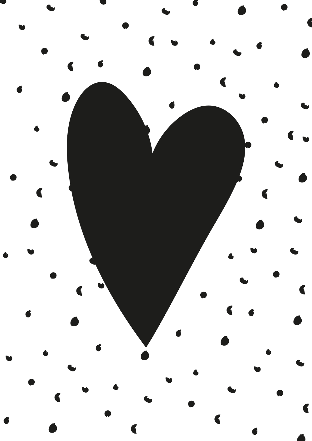 A monochrome black heart art print with a dotty background by Jack & Orla