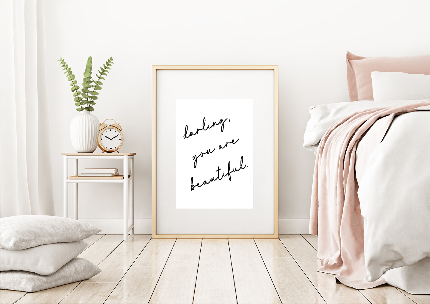 A monochrome typography art print featuring the words 'darling, you are beautiful' by Jack & Orla