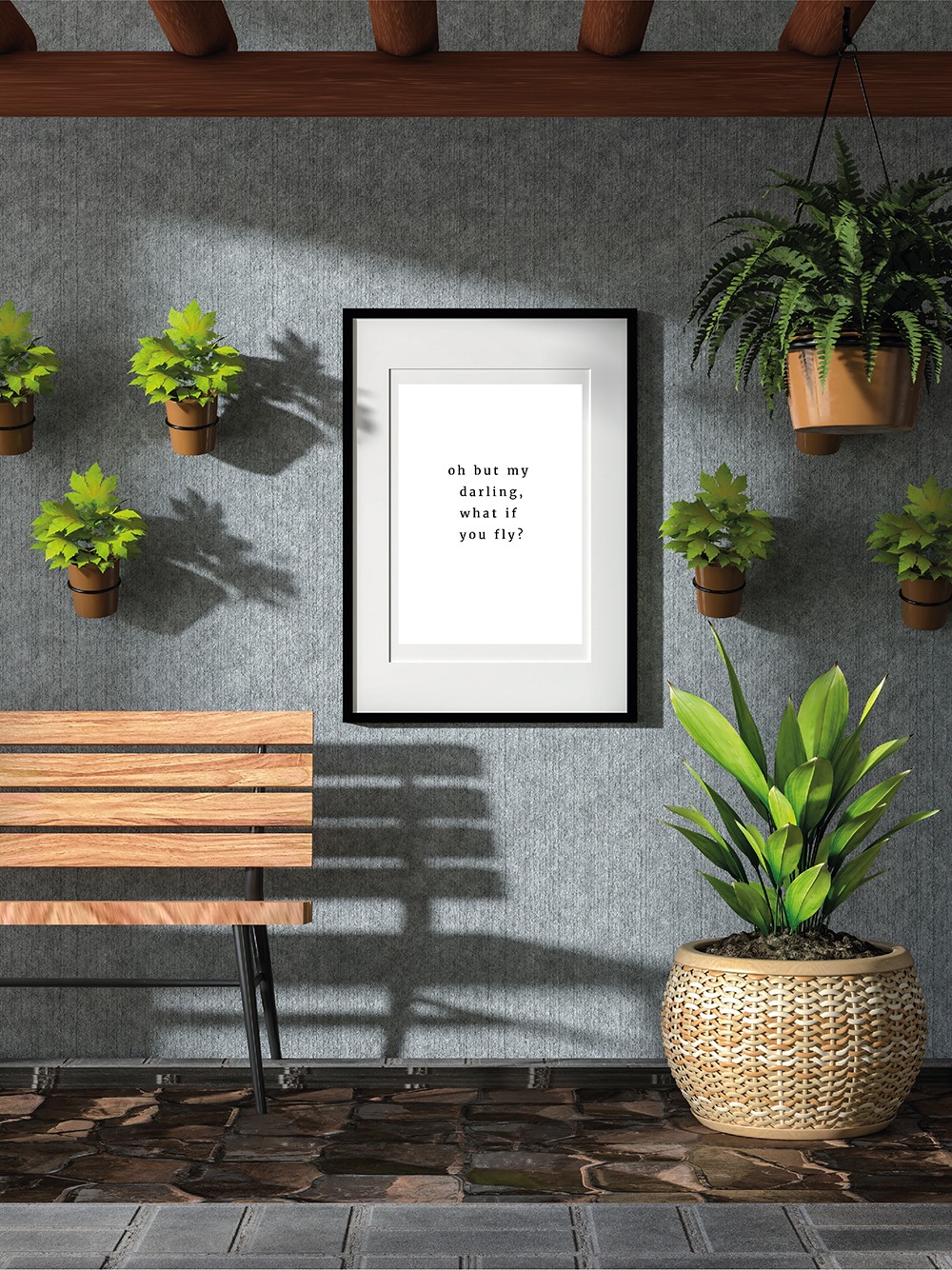 A framed monochrome typography art print with the words 'Oh but my darling, what if you fly?' by Jack & Orla