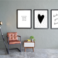 A set of 3 framed monochrome typography  and black heart art prints by Jack & Orla