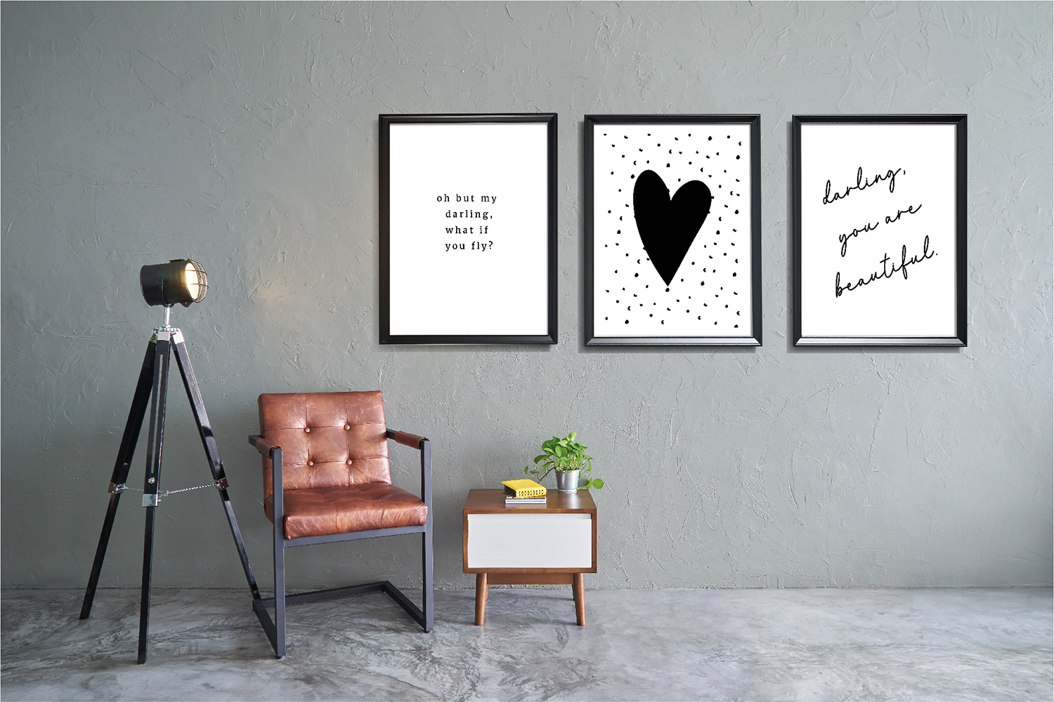 A set of 3 framed monochrome typography  and black heart art prints by Jack & Orla