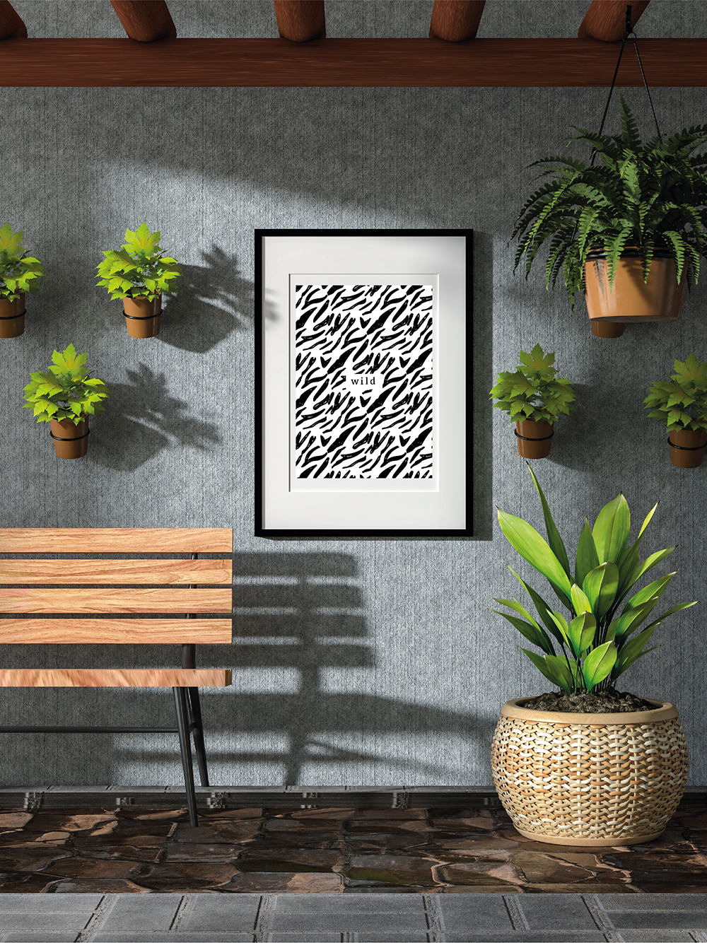 A framed monochrome typography art print saying 'wild' with a zebra print background by Jack & Orla