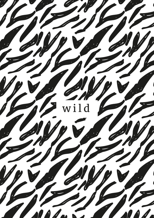 A monochrome typography art print with the word 'wild' and a zebra print background by Jack & Orla