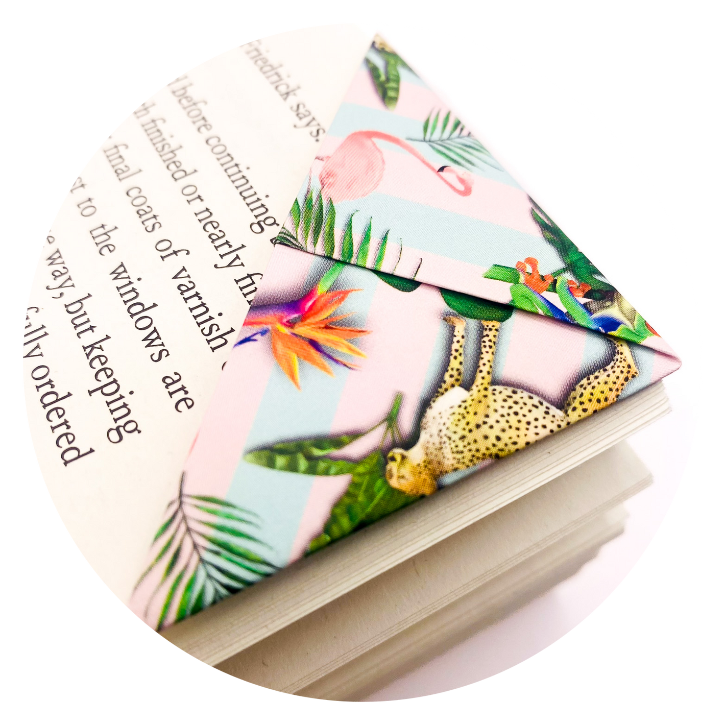 Close-up image of a tropical printed origami bookmark