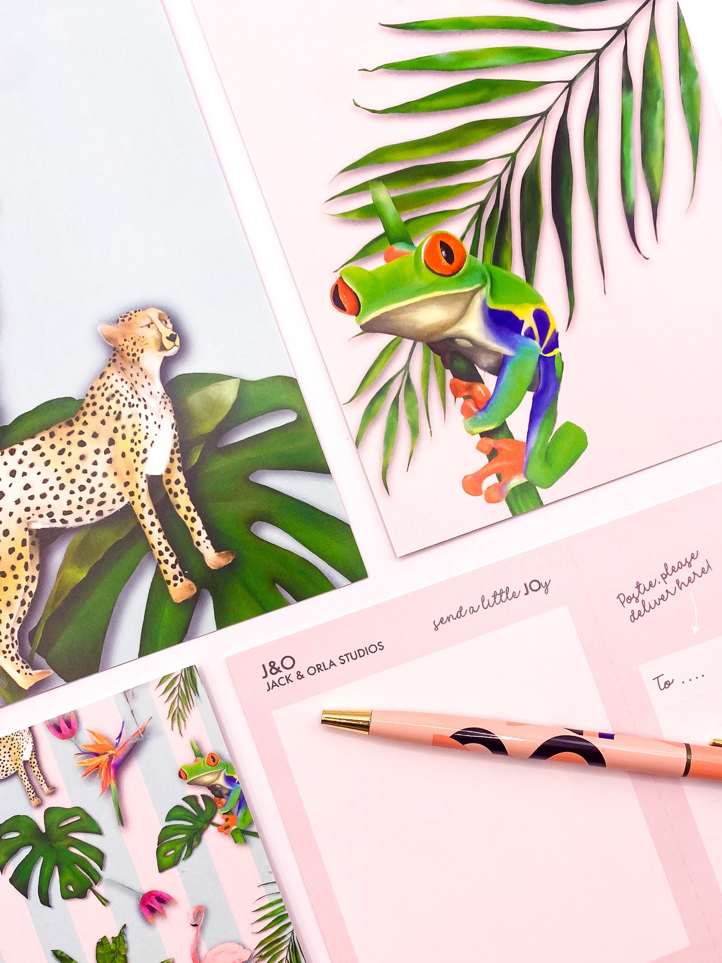 Close-up view of tropical pastel postcard set by Jack & Orla