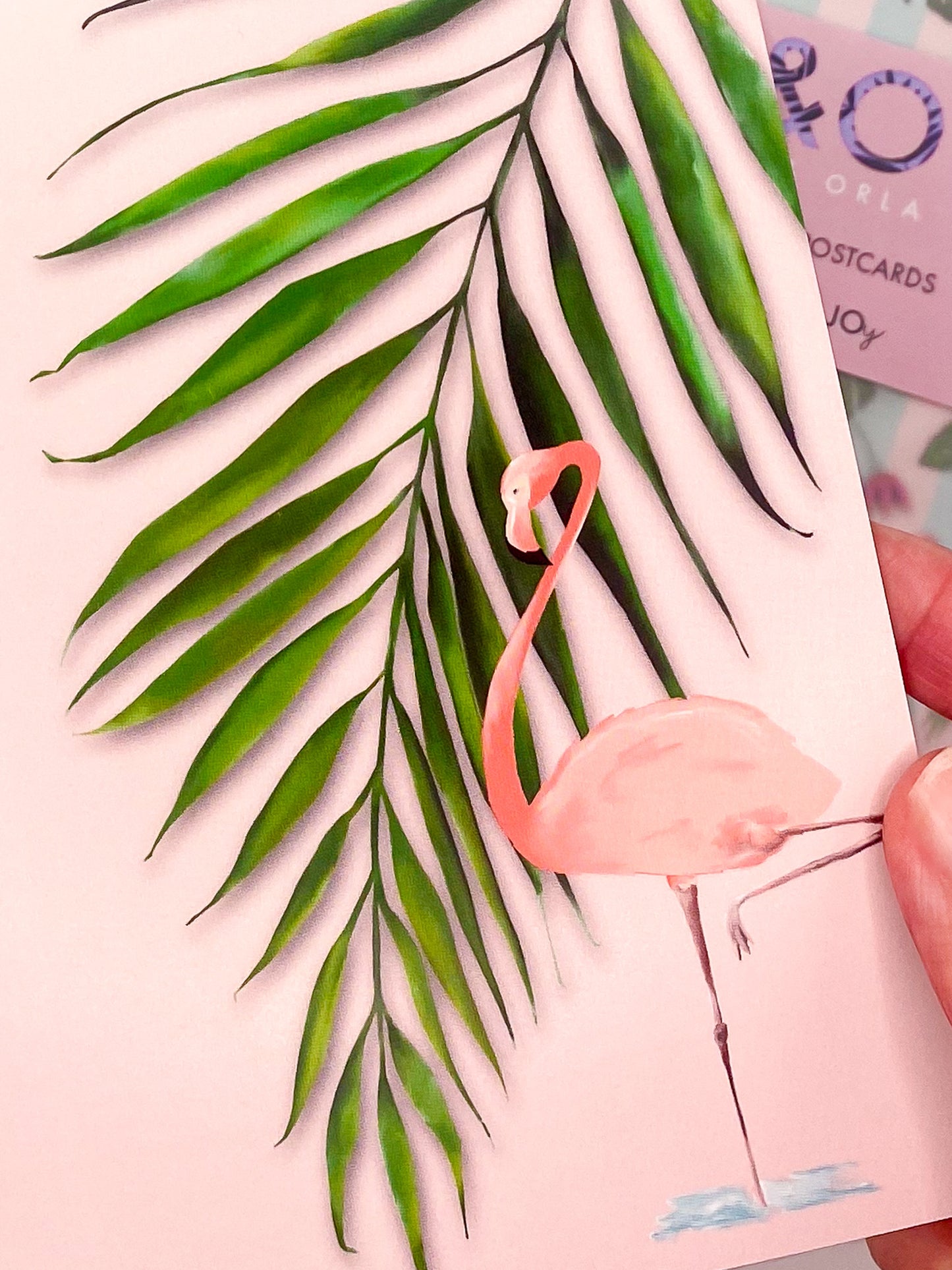 Close-up of pastel tropics postcard featuring flamingo and palm leaf by Jack & Orla