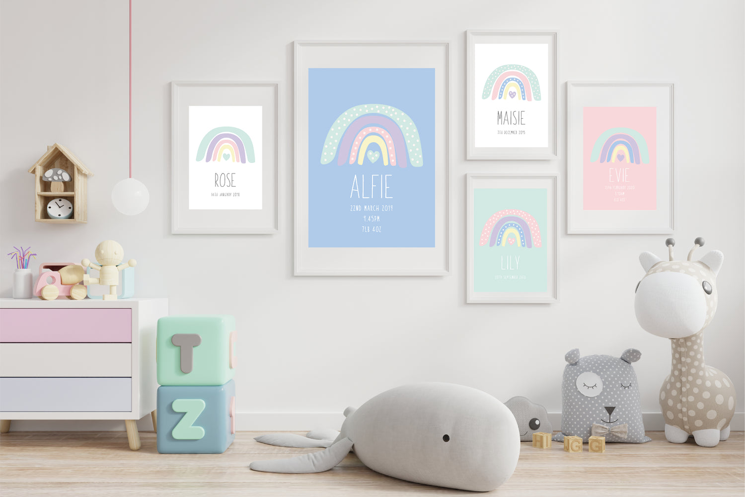 A selection of our rainbow nursery prints