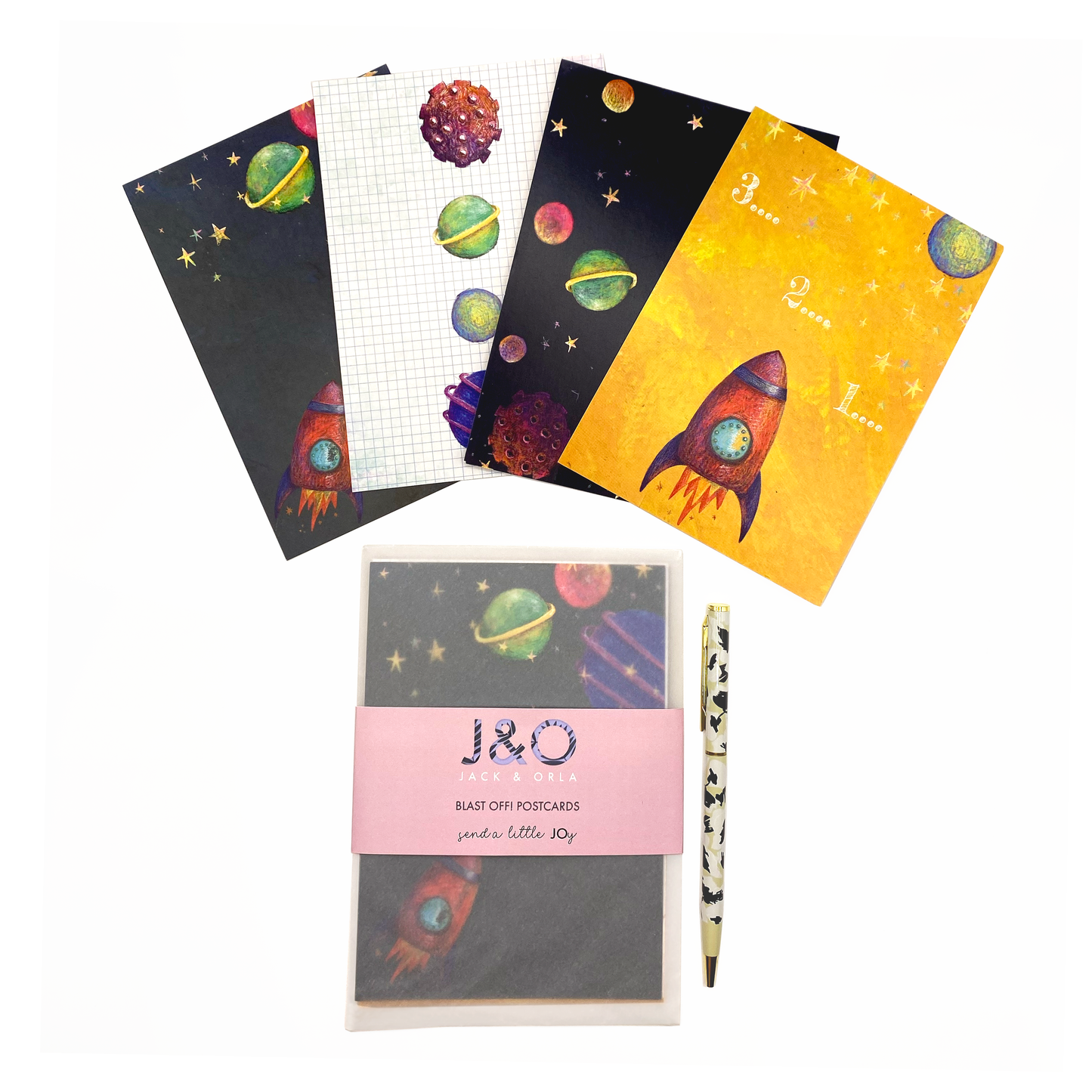 A photo showing all four postcards in the space themed gift set. It also shows the packaged postcard set.